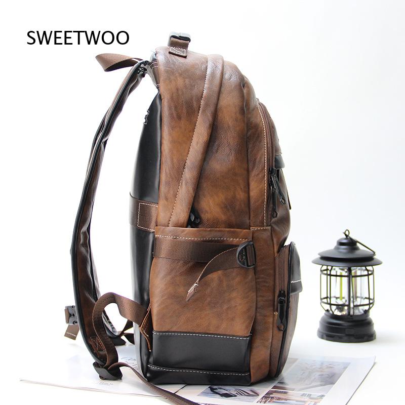 Men Brown Color Block Faux Lea - Leather Backpack Vintage recension och pris